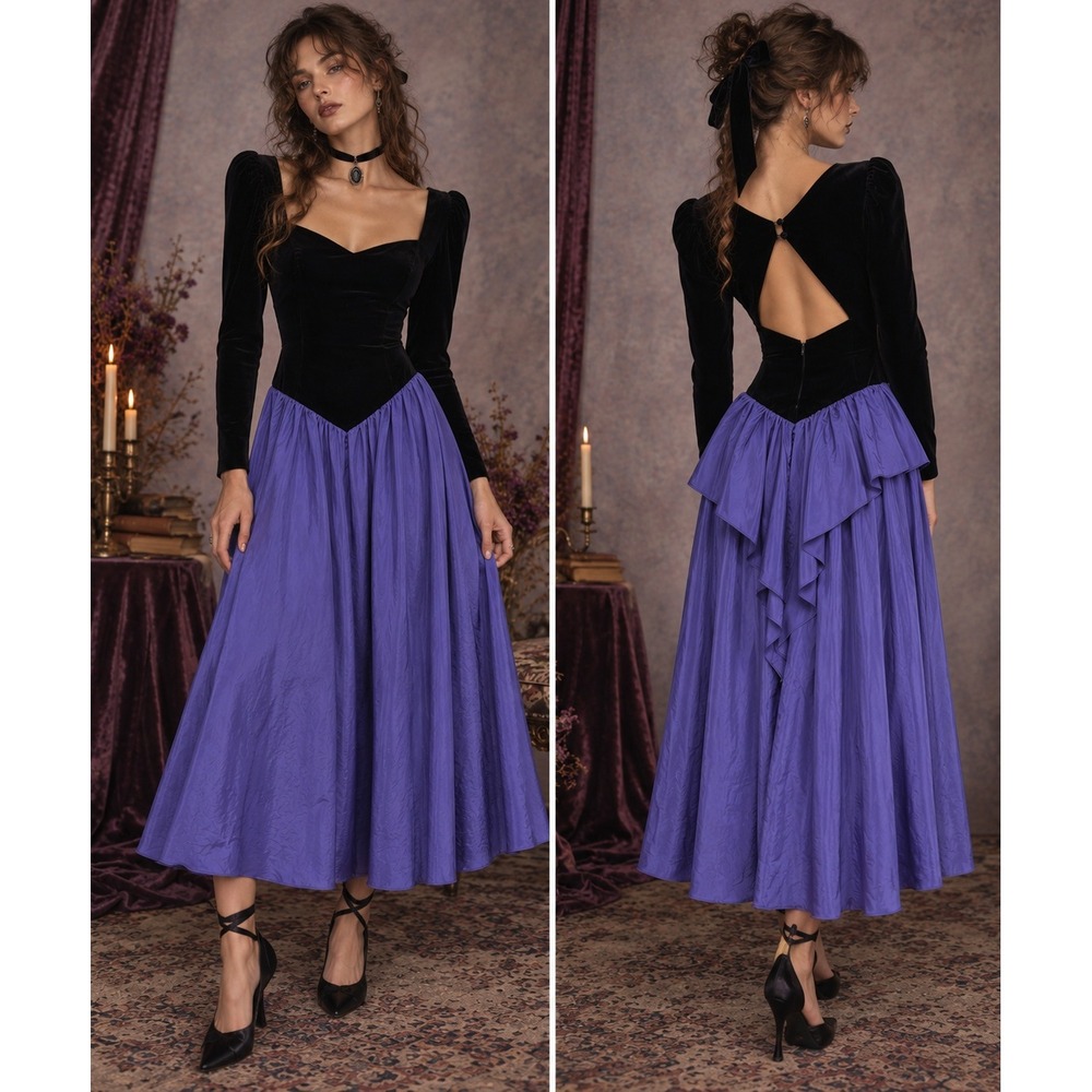 VTG 80s Basque Waist Dress 11/12 Black Purple Velvet Taffeta Open Back Goth Prom